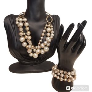 PLUNDER GOLDTONE & FAUX PEARL LAYERED STATEMENT NECKLACE & BRACELET SET